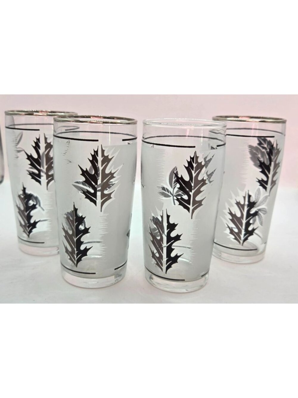 Vtg Silver Leaf Foliage Highball Glasses Metallic Rim 4" Tall Set of 4 MCM - Picture 2 of 6